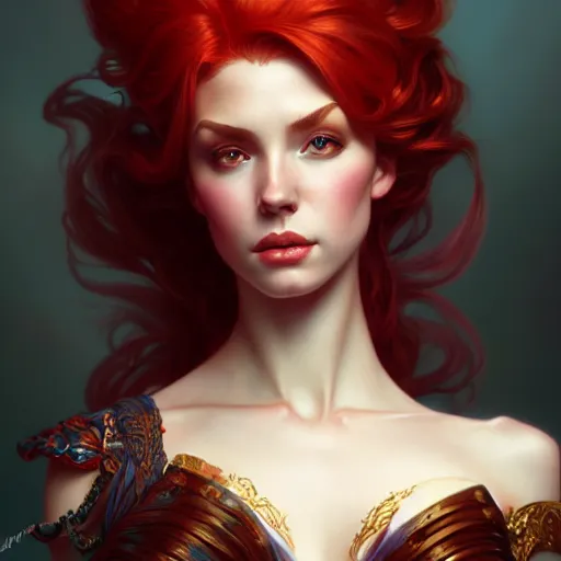 Prompt: aristocrat, female, d & d, fantasy, intricate, elegant, highly detailed, red hair, digital painting, artstation, octane render, concept art, matte, sharp focus, illustration, hearthstone, art by artgerm, alphonse mucha johannes voss