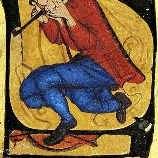 Prompt: medieval painting of tom scott choking on a vape