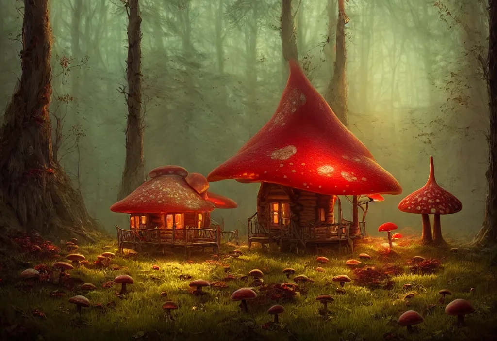 Prompt: cabin in mushroom forest by charlie bowater and anna dittmann and artgerm and clemens ascher, intricate, elegant, red and brown and green mist, highly detailed, dramatic lighting, sharp focus, octane render, trending on artstation, artstationhd, artstationhq, unreal engine, 4 k, 8 k