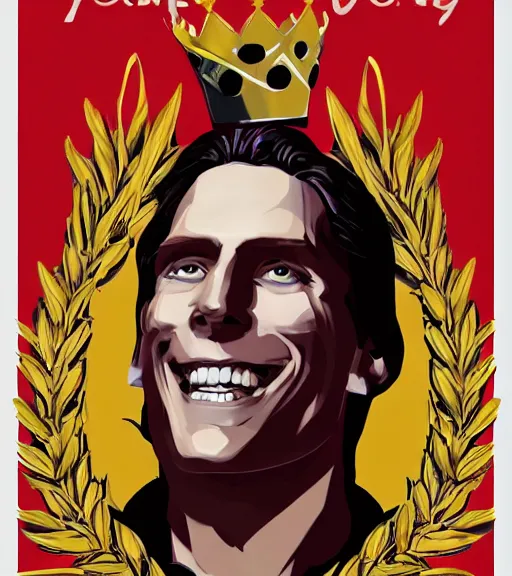 Image similar to propaganda poster smiling jerma as king of england, 8 k, trending on artstation