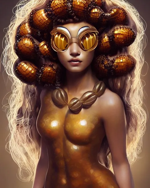 Image similar to beautiful medusa as honey, made of honey, wearing honey - themed miniskirt, award winning creature portrait photography, extremely detailed, artstation, 8 k, sensual lighting, incredible art, wlop, artgerm, backlit, rim lighting, hi - fructose