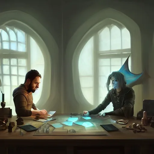 Image similar to a man and a room melting in a room with two computers, d & d, fantasy digital painting, trending on artstation, concept art, sharp focus, illustration, global illumination, ray tracing, realistic shaded, art by artgerm and greg rutkowski and fuji choko and viktoria gavrilenko and hoang lap