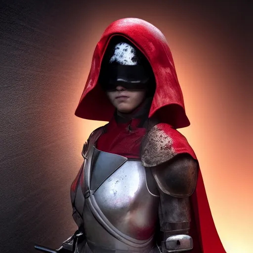 Image similar to a young female soldier with soot stained face, no makeup, in glossy sleek white bloodstained dinged scuffed armor , long torn red cape, heroic posture, determined expression, no helmet, on the surface of mars, dramatic lighting, cinematic, sci-fi, hyperrealistic, detailed