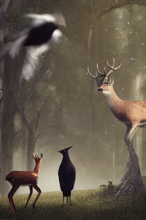 Image similar to a deer wearing a white formal coat conversing with a crow wearing a red formal coat, hyperrealistic, concept art, octane render, unreal engine 5, trending on DeviantArt, highly detailed, high quality, 8K, soft lighting, cute, natural lighting, realistic face, trending on Artstation, elegant clothes, profile picture, path traced, house background