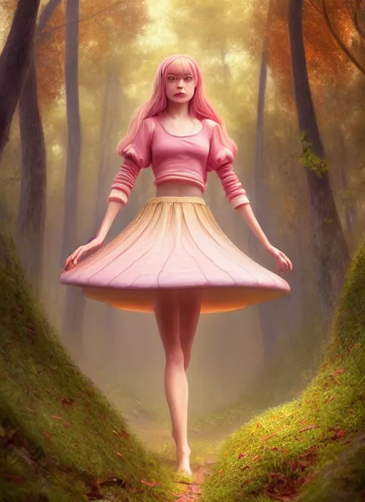 Image similar to young woman walking in short pink skirt : : magic forest mushrooms nature : : weta disney pixar movie still photo : : decadent highly - detailed digital painting, full length shot, golden ratio, octane render, artstation, smooth, sharp focus, artgerm, mucha, loish, wlop, gogo