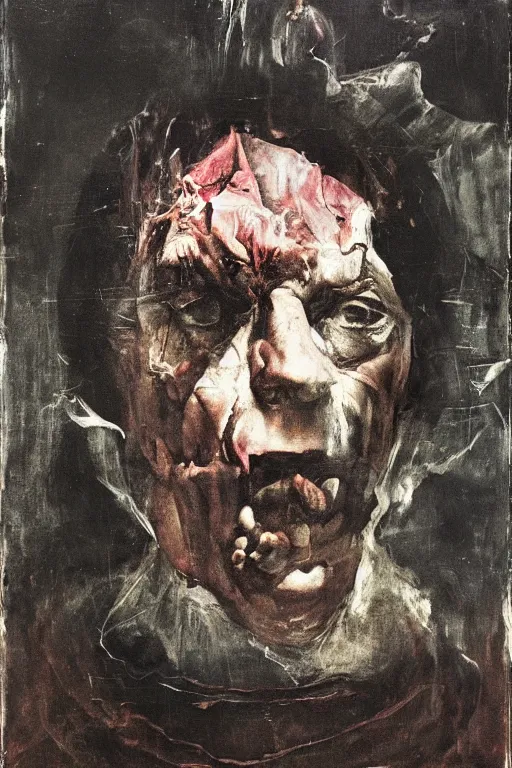 Image similar to menacing portrait of medici emerging from the dark void, loneliness in the dark void, painted by Adrian Ghenie, Eugène Delacroix, Francis Bacon painted by Lucian Freud, polaroid, Renaissance, John Singer Sargant, glitch