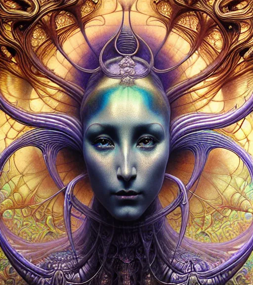 Prompt: detailed realistic iridescent beautiful young cher cyber alien queen of mandelbulb portrait by jean delville, gustave dore and marco mazzoni, art nouveau, symbolist, visionary, baroque. horizontal symmetry by zdzisław beksinski, iris van herpen, raymond swanland and alphonse mucha. highly detailed, hyper - real, beautiful