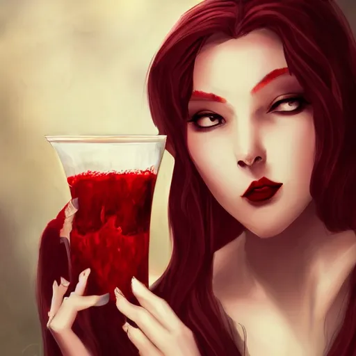 Image similar to portrait of beautiful vampire lady drinking from a goblet of blood, fantasy illustration trending on artstation