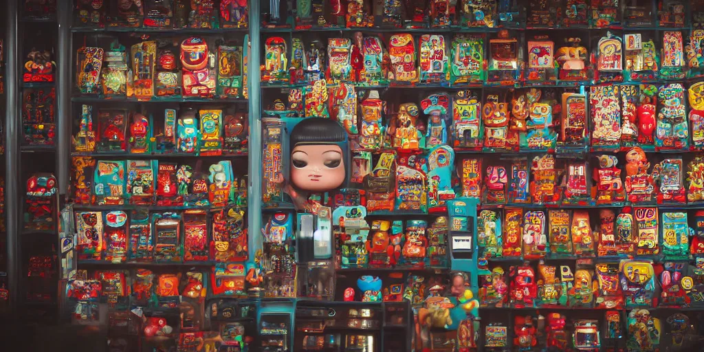 Image similar to closeup portrait of tin toy tokyo corner store and vending machines, depth of field, zeiss lens, detailed, centered, photoshoot, by nicoletta ceccoli, mark ryden, lostfish, breathtaking, 8 k resolution, extremely detailed, beautiful, establishing shot, artistic, hyperrealistic, octane render, - h 8 0 4