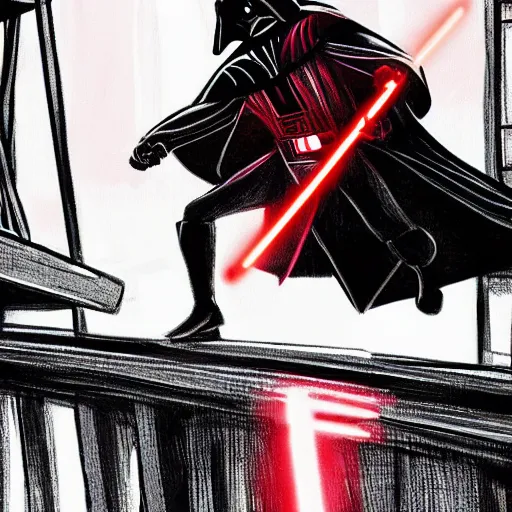 Prompt: darth vader fighting darth maul on a narrow bridge, neon, night, dark, lightsabers, spiderverse art style.