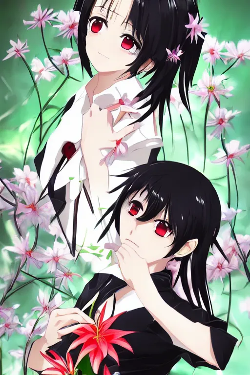 Image similar to Key anime visual of a beautiful girl with black hair and red eyes holding a spider lily; wearing white blouse with black tie; trending on Pixiv; digital art