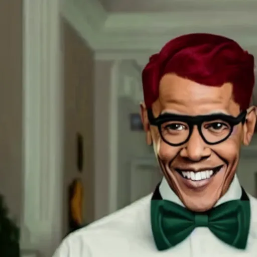 Image similar to realistic photo of casual obama with red hair wearing a black sweater and a green bow tie, still from riverdale