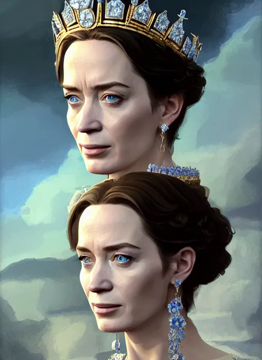 Prompt: portrait of emily blunt as arrogant queen, jewelry, greek, sapphire, victorian age, 1 8 9 0, intricate, headshot, key visual, conceptart, ambient lighting, highly detailed, digital painting, artstation, concept art, sharp focus, by makoto shinkai and akihiko yoshida and greg manchess