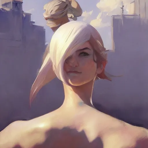 Image similar to greg manchess portrait painting of yorha type a no. 2 from behind, organic painting, sunny day, matte painting, bold shapes, hard edges, street art, trending on artstation, by huang guangjian and gil elvgren and sachin teng