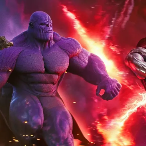 Image similar to Thanos fighting Darkseid in hell, hyper realistic, Zack Snyder movie shot, moody, atmospheric, 8k resolution, high detail,