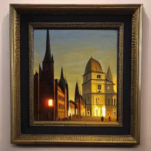 Prompt: city, church, night, dramatic light, oil painting, by caspar david friedrich