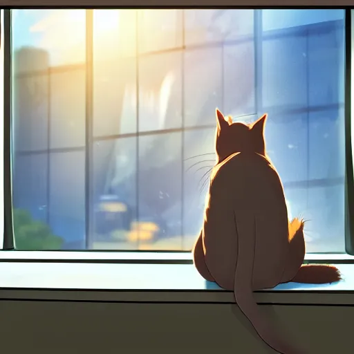 Image similar to a cat sitting on the window ledge watching over a beautiful anime city in the style of Tue Tue on ArtStation and Ayush Pant on ArtStation, the cat is pictured from behind, 4k,