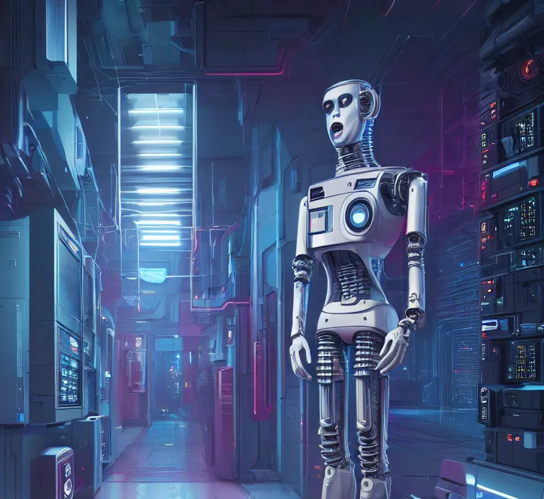 Image similar to hyperrealism stock photography of highly detailed stylish humanoid robot in sci - fi cyberpunk style by gragory crewdson and vincent di fate with many details by josan gonzalez working at the highly detailed data center by mike winkelmann and laurie greasley hyperrealism photo on dsmc 3 system rendered in blender and octane render