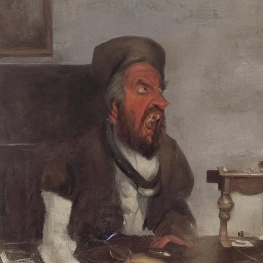 Image similar to an angry man yells at his computer monitor, oil on canvas, 1 8 8 3, highly detailed