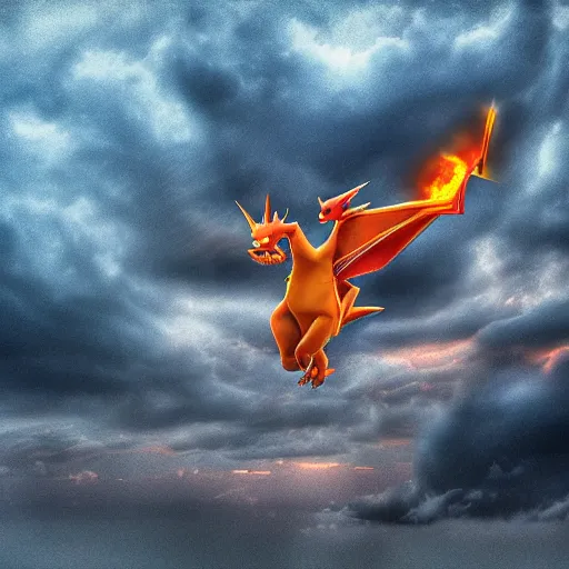 Image similar to charizard, flying in a stormy sky highly detailed, 4 k, hdr, smooth, sharp focus, high resolution, award - winning photo, boris valejo, photorealistic