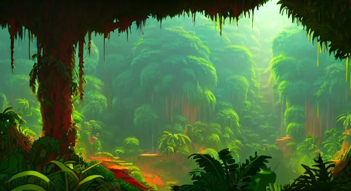 Prompt: beauiful background painting of a jungle level of a 2 d sidescroller game, the jungle is dense and thick, under sunlight above, video game art, pixel art, concept art, soft and lushful, impressionism, ultra detailed, natural lighting, trending on artstation