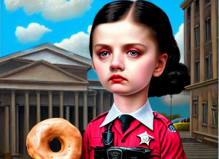 Prompt: a police officer with donut body, lowbrow, matte painting, 3 - d highly detailed, in the style of mark ryden,