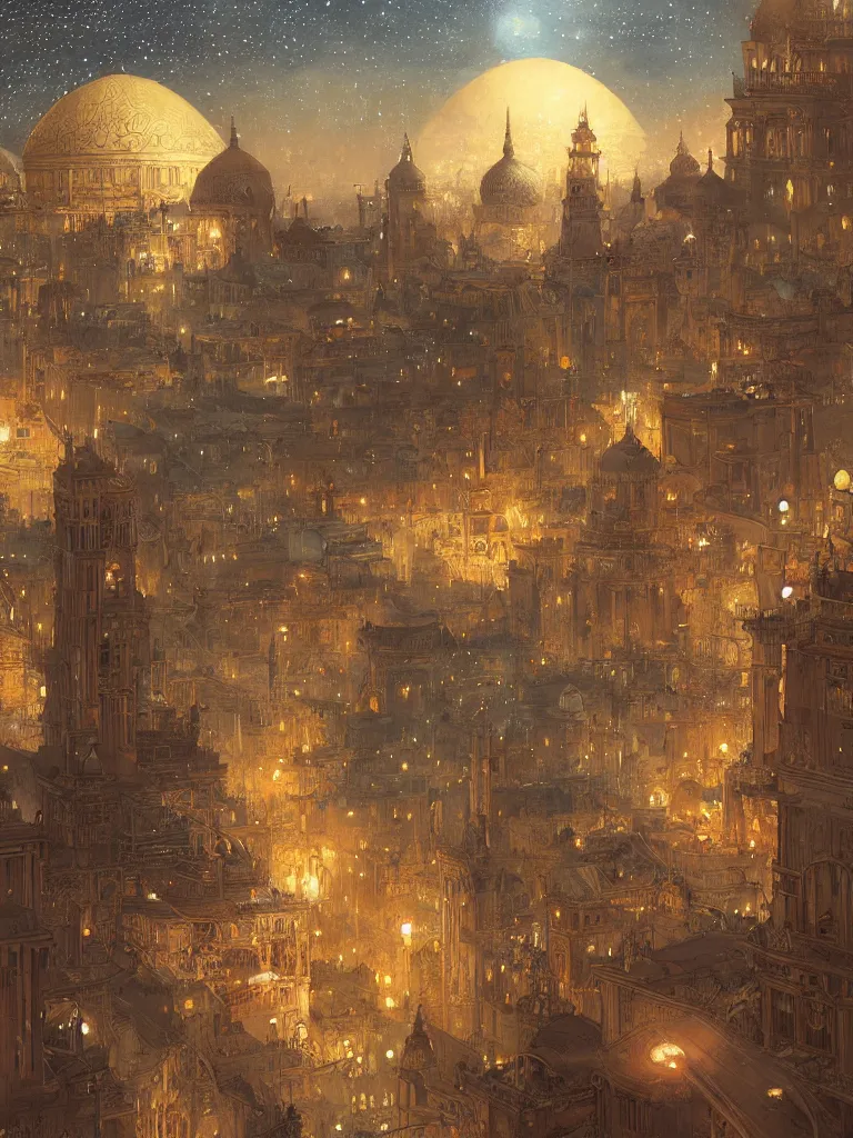 Image similar to a dome - covered city resembling ancient baghdad at night with the sky full of stars, intricate, elegant, highly detailed, digital painting, artstation, concept art, smooth, sharp focus, colored illustration for tattoo, art by krenz cushart and artem demura and alphonse mucha,