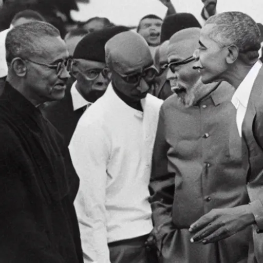 Image similar to Barack Obama having a rap battle against Ghandi, historical photo, 1962