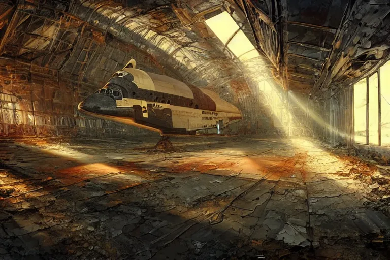 Prompt: a rusty space shuttle in the interior of an old abandoned sci - fi hangar an old oak tree grows inside the courtyard golden rays of sunlight enter through the window gold neon lights digital art trending artstation