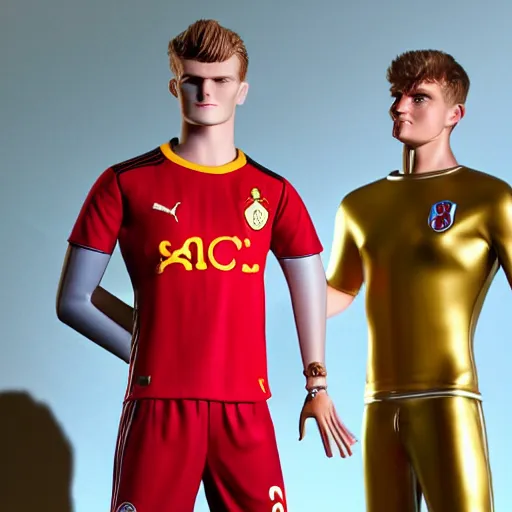 Image similar to a realistic detailed photo of a guy who is an attractive humanoid who is half robot and half humanoid, who is a male android, soccer players martin ødegaard & timo werner, shiny skin, posing like a statue, blank stare, in a factory, on display, showing off his muscles, gold soccer shorts, side view, looking at each other mindlessly