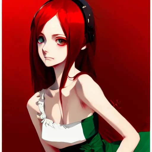 Image similar to elegent girl with red hair and green eyes, wearing a white dress, red and black color palette, in the style of and ilya kuvshinov and greg rutkowski, high quality anime artstyle, intricate