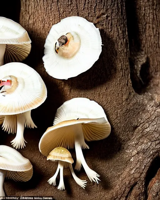 Image similar to a small family of conical oyster mushrooms is located on a rotten stump, which suspiciously reach for an unusual symbol on the wall depicting a dissected cross