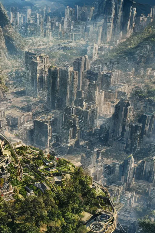 Image similar to a scenic view of a city build on and around a mountain, market and gardens, james paick, imax quality, cinematic photography, cinematic, ue 5, realistic, highly - detailed, sci - fi