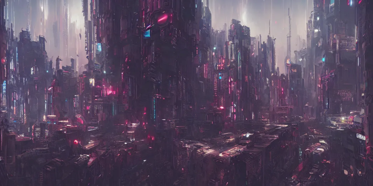 Image similar to cyberpunk world design, Greg Rutkowski, Feng Zhu, Kim Jung Gi, trending on Artstation, 8K, ultra wide angle, pincushion lens effect