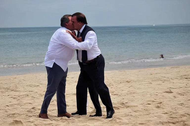 Prompt: bolsonaro kissing president lula at the romantic beach