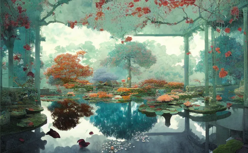 Image similar to tiled room with square pond, fantasy. intricate, amazing composition, colorful watercolor, by ruan jia, by maxfield parrish, by marc simonetti, by hikari shimoda, by robert hubert, by zhang kechun, illustration, gloomy