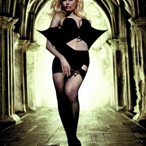 Prompt: elisha cuthbert as a vampire menacingly flashing her fangs in a gloomy gothic cathedral at night