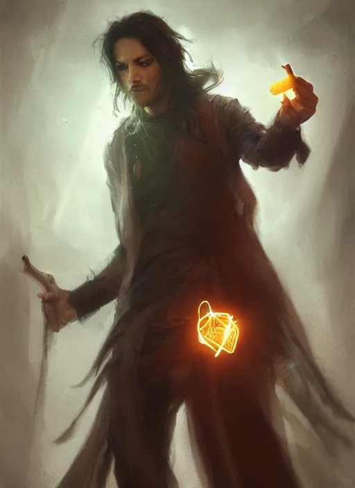 Image similar to portrait of a man with long black hair in brown rags holding a glowing device, fantasy, d & d, heartstone, digital painting, volumetric light, intricate, sharp, focus, bloom, illustration, highly detailed, concept art, matte, ruan jia, randy vargas, greg rutkowski