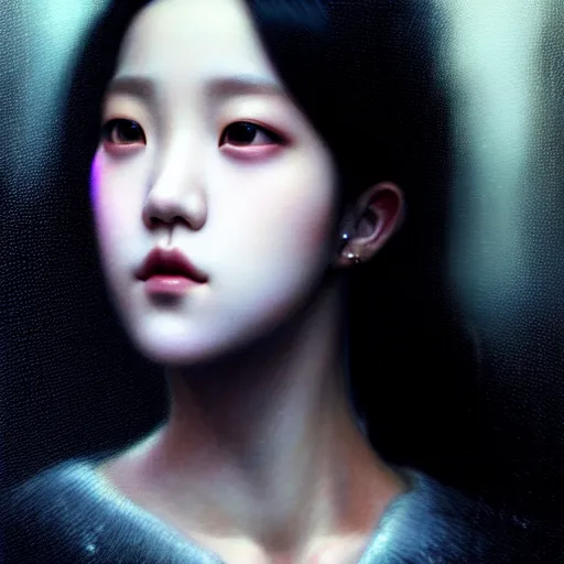 Image similar to jisoo of blackpink, hyperrealistic portrait, bladerunner street, by karol bak and agnes cecile, fantasy art, photo realistic, dynamic lighting, artstation, poster, volumetric lighting, very detailed face, intricate complexity, rule of thirds, 8 k, award winning