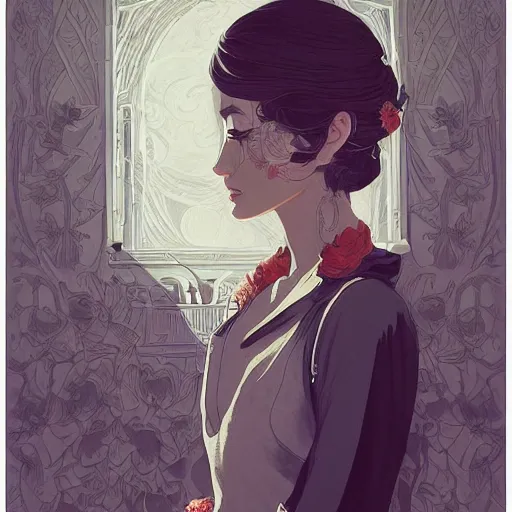 Image similar to illustration of lady at a wedding, mcbess, intricate complexity, by greg rutkowski, artgerm, ross tran, conrad roset, takato yomamoto, ilya kuvshinov. 4 k, beautiful, cinematic dramatic atmosphere