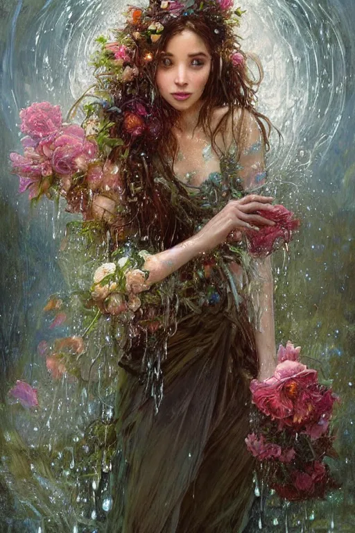 Image similar to portrait of a beautiful mysterious drenched woman holding a bouquet of flowing flowers, drenched clothing, wet dripping long hair, hands hidden under the bouquet, emerging from the water, fantasy, regal, intricate, by stanley artgerm lau, greg rutkowski, thomas kindkade, alphonse mucha, loish, norman rockwell