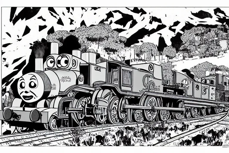 Image similar to zombie apocalypse thomas the tank engine, risograph artwork by moebius and alex ross, intricately deteailed, trending on artstation