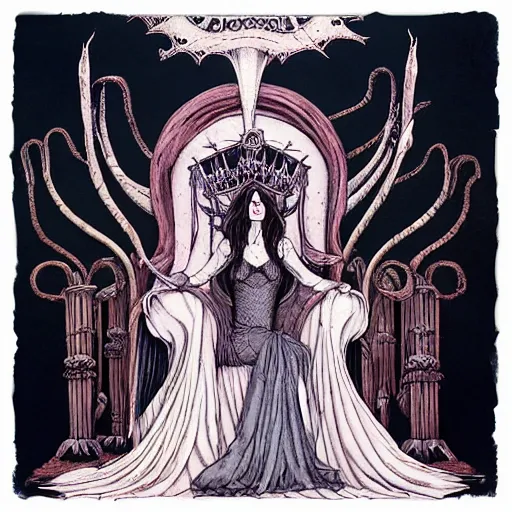 Prompt: the smiling beautiful female queen witch occult with giant spiderlegs surrounding her throne by gerald brom by anna steinbauer by kelly mckernan by edward gorey, trending on artstation