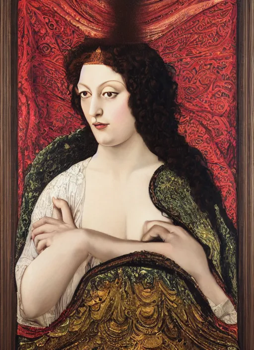 Image similar to oil painting of Queen of Ecstasy, Hungarian, curly dark hair, fair skin, veil by Georgia o Keeffe, by Marcel Jankowicz, by Botticelli, by Gustave Moreau,minimalist
