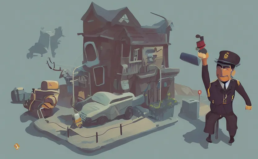 Image similar to a village detective, james gilleard, print, game art