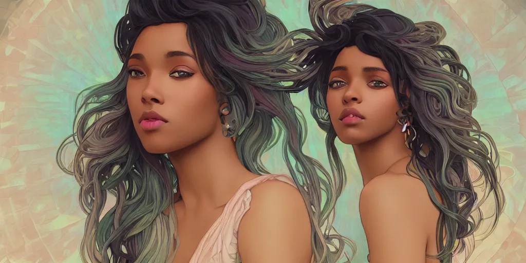 Image similar to beautiful black woman with gorgeous pastel balayage hairstyle, as seen on artgerm, octane render, in the style of alphonse mucha, ultra realistic, highly detailed, 8 k