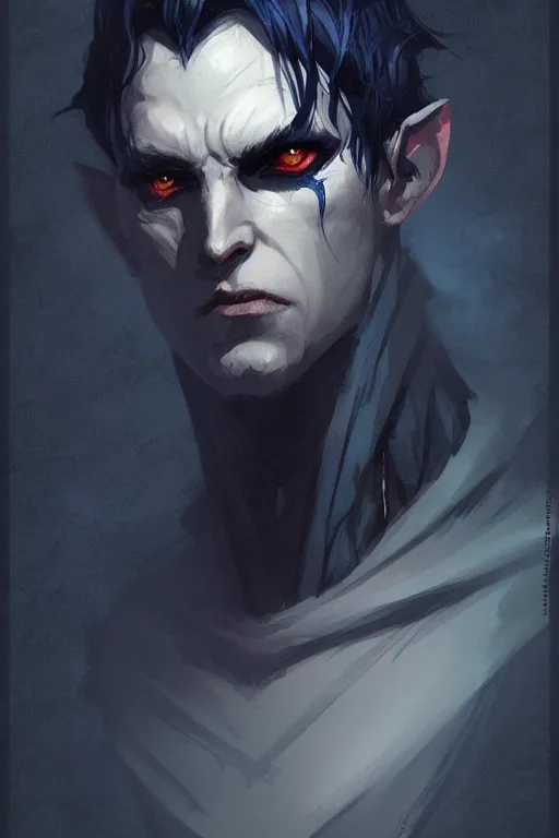 Image similar to character design portrait of a sad dark blue tiefling boy with horns and dark hair and pitch black hollow eyes by Greg Rutkowski