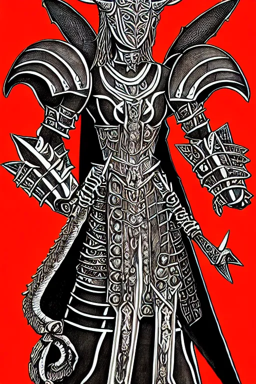 Prompt: A portrait of a demon priestess wearing finely detailed armor forged by the ancient gods drawn by Kirbi Fagan high detail