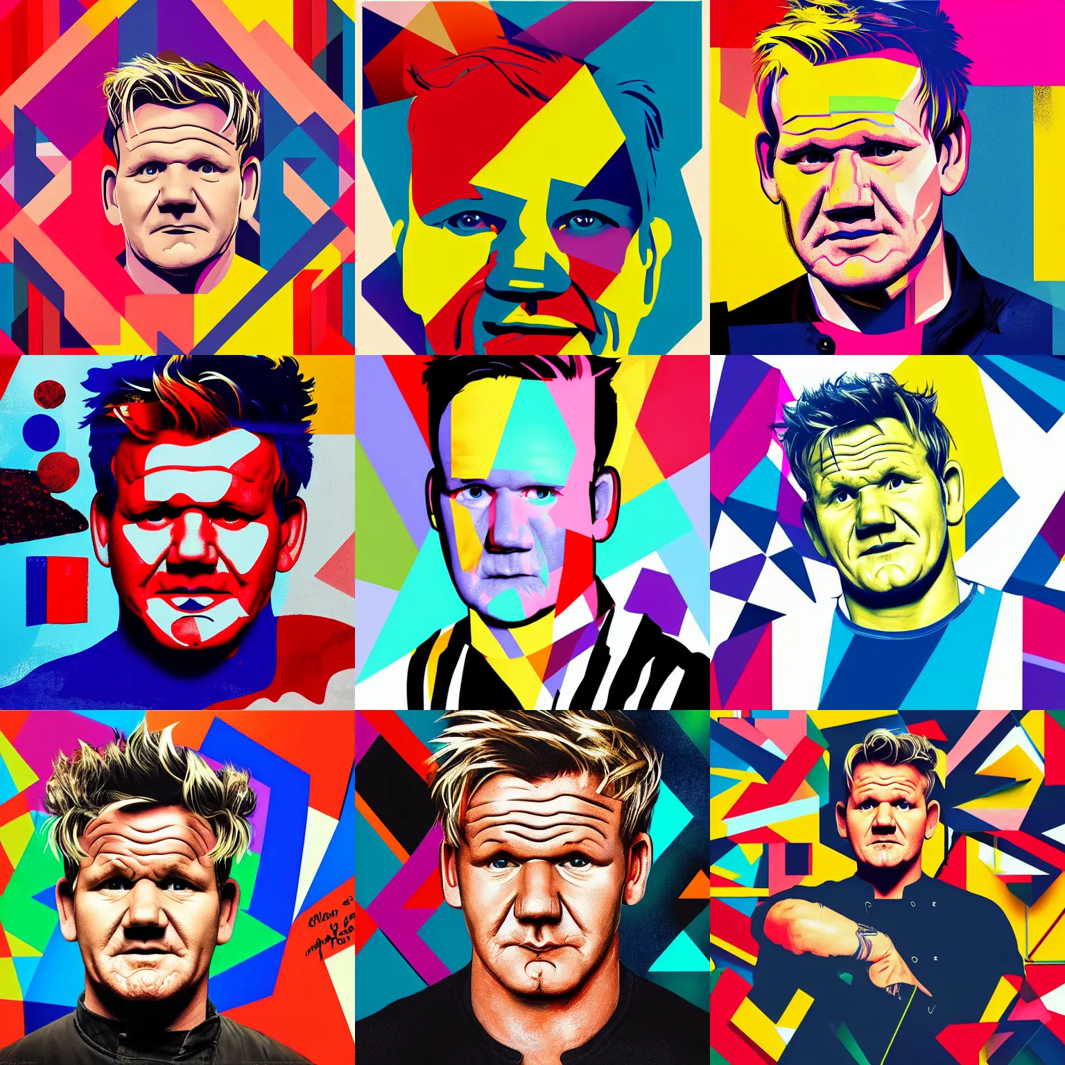 Prompt: A portrait of Gordon Ramsay, geometric shapes, rounded corners, candy colors, spray paint, bold graphics