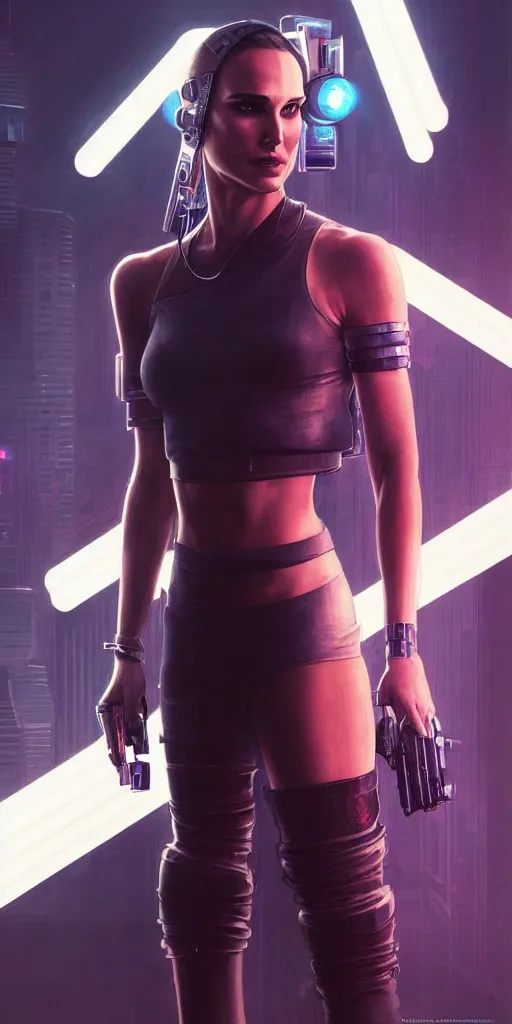 Image similar to portrait of Natalie Portman as a character in arabian Cyberpunk 2077, looking at camera, intricate, dystopian, sci-fi, extremely detailed, digital painting, artstation, concept art, smooth, sharp focus, illustration, intimidating lighting, incredible art by artgerm and greg rutkowski and alphonse mucha and simon stalenhag